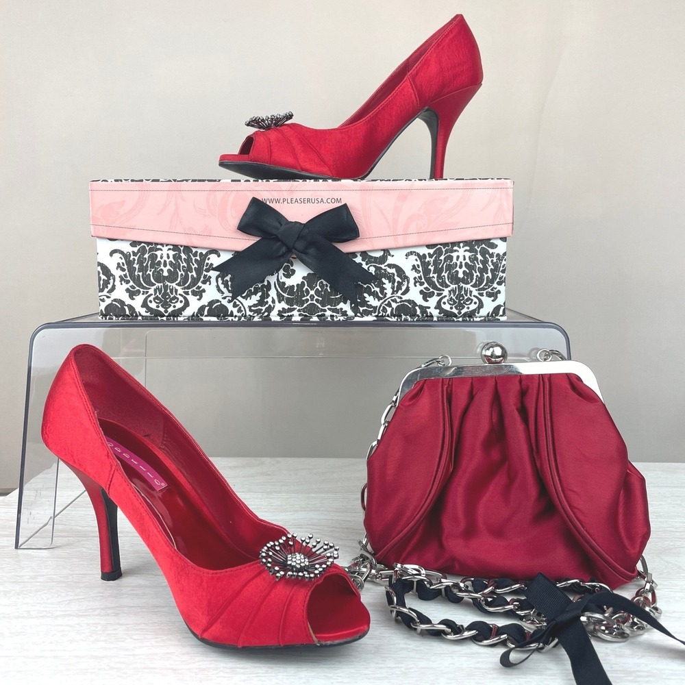 BORDELLO Womens (7) Red Satin Pumps Peep Toe Shoes|Satin Chain Kiss Lock Purse